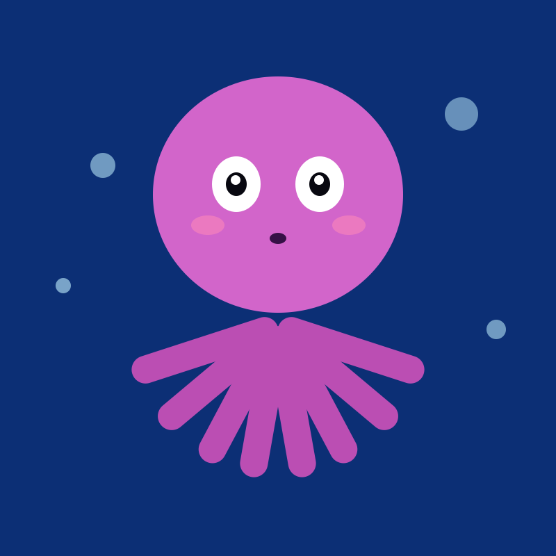 Two days prior. A round cartoon octopus with eight purple tentacles, wide eyes, rosy cheeks, floating in teal water with four bubbles