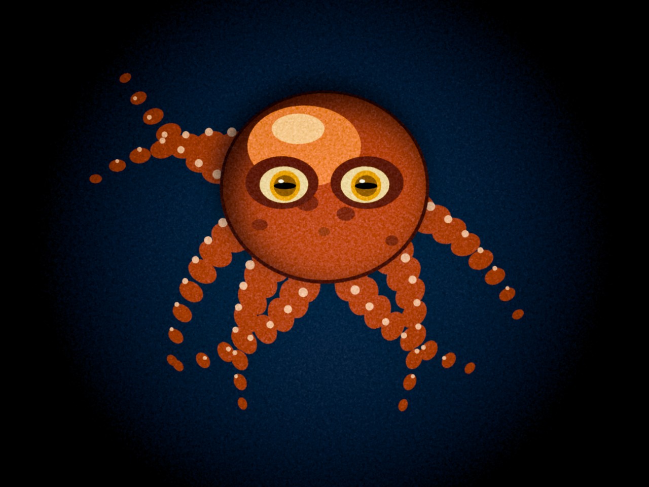 v1. A round cartoon octopus with eight curled tentacles, chromatophore spots, horizontal-slit pupils, on a deep blue field with soft grain