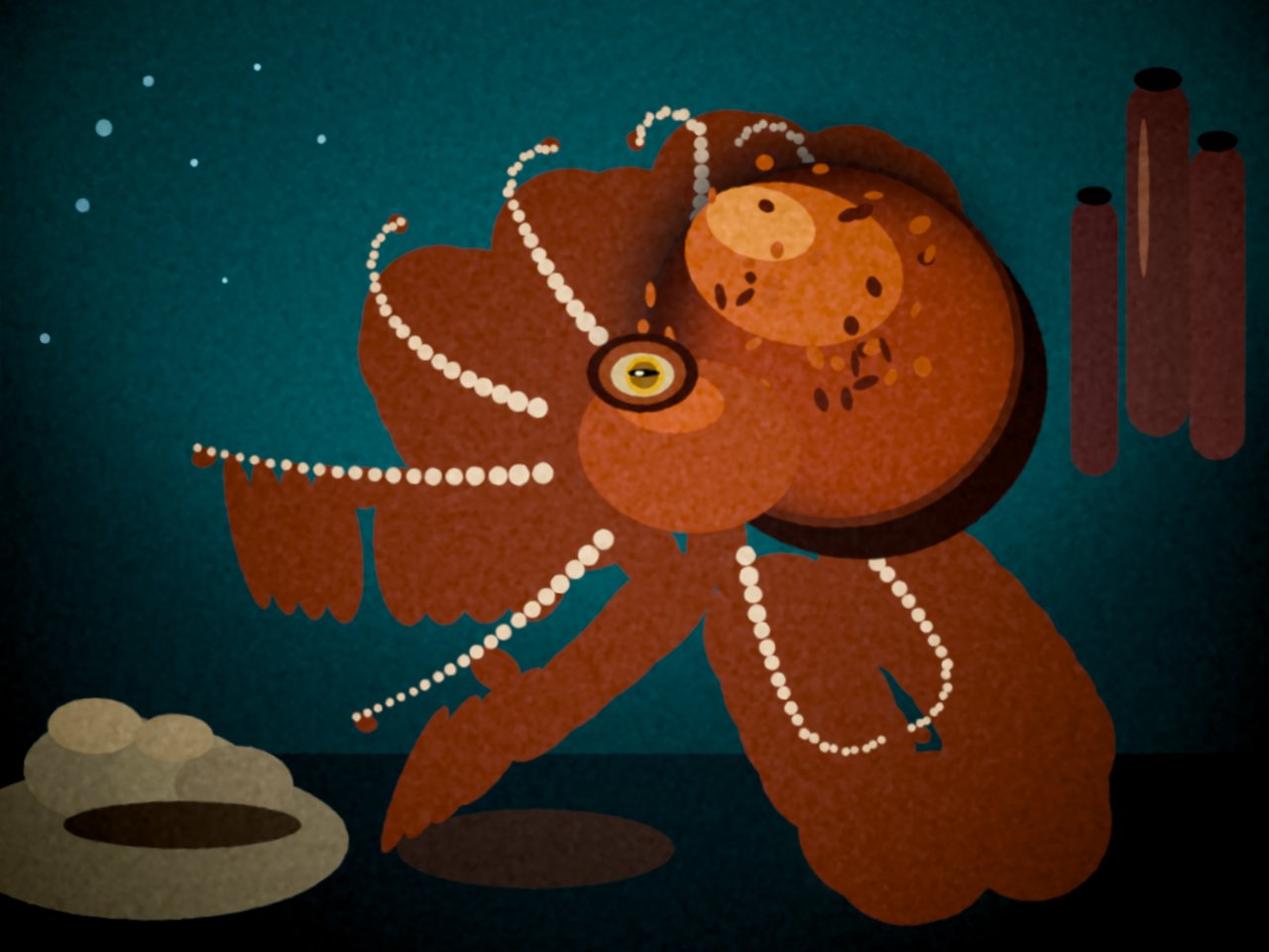 v2. Diagonal reddish-brown mantle with warty mottling, a single eye with a slit pupil, eight arms with cream double-row suckers, a teal reef background with brain coral and tube sponges
