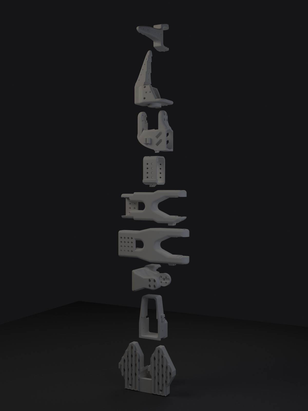The SO-Arm100 parts stacked in the same style, base at the bottom and moving jaw at the top