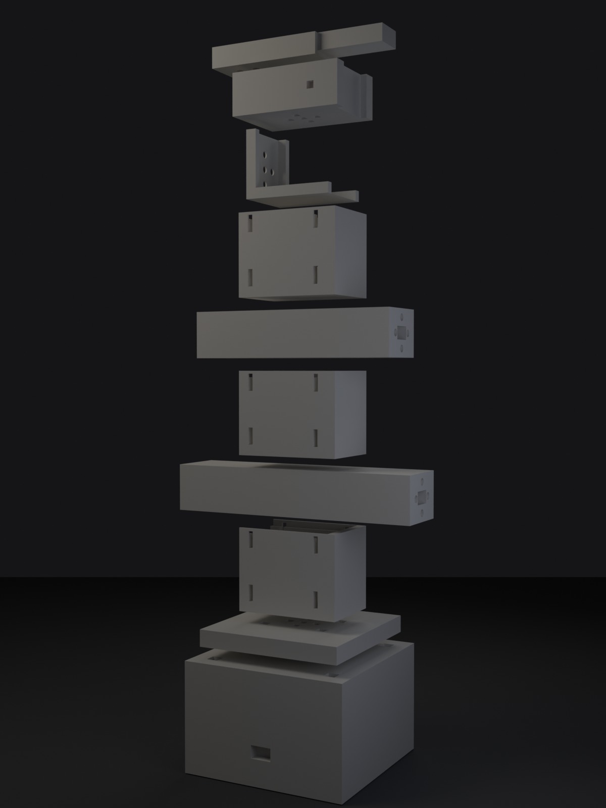 The v1 parts stacked in kinematic order, base plate at the bottom and gripper jaw at the top