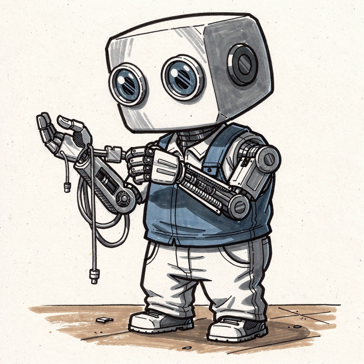 Qualia's robotic arm on the workbench, mid-assembly