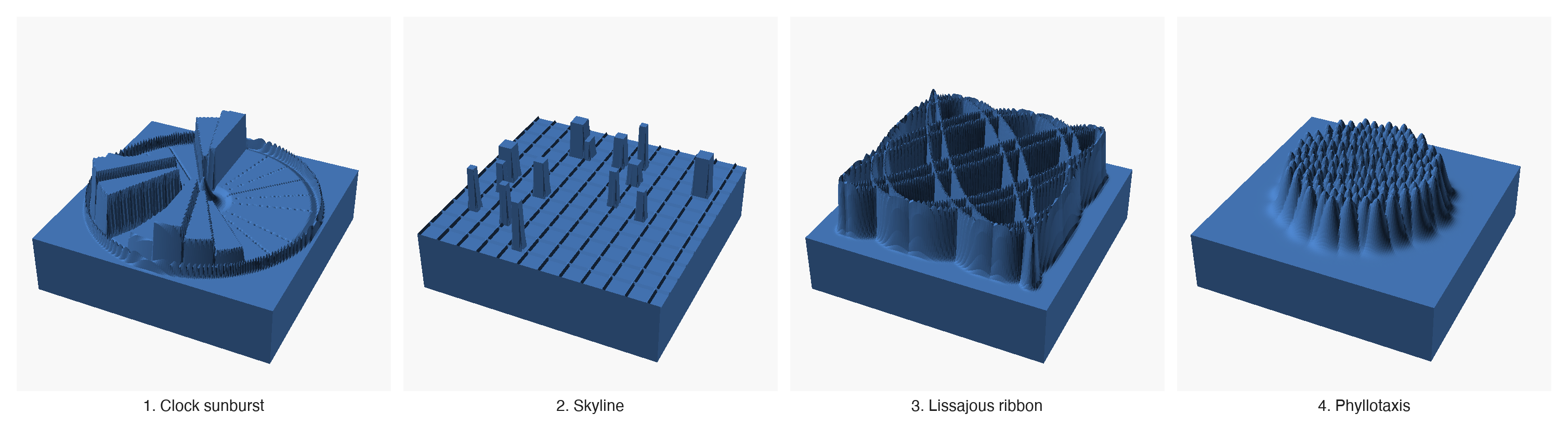 The four candidate tile concepts, rendered side by side