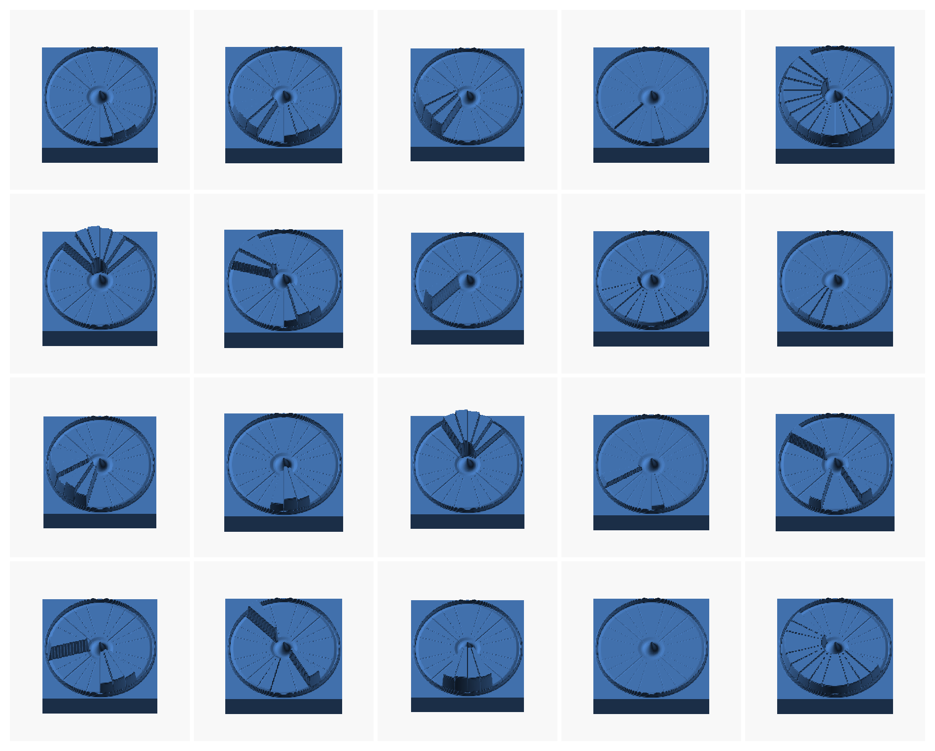 Twenty test days rendered as clock tiles